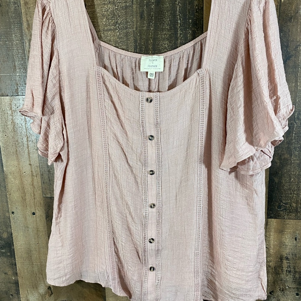 Flower & Feather Women’s Plus 2xl Square Neck Blouse Top Coral Pink Button Down